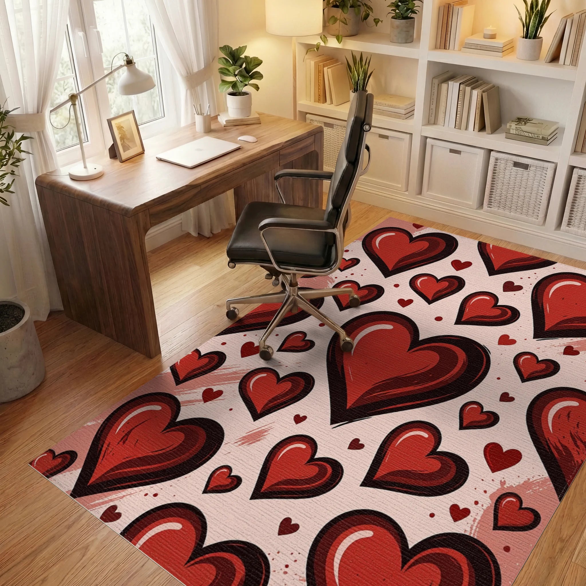 Whimsical Romantic Crimson Heart Collage Rug Office View