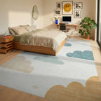 Whimsical Sky Clouds Blue Tan Rug - Bedroom View