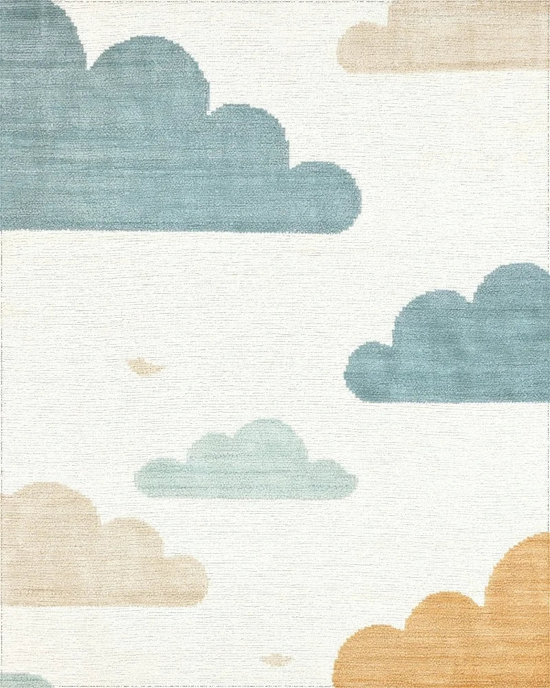 Whimsical Sky Clouds Blue Tan Rug - Cutout View