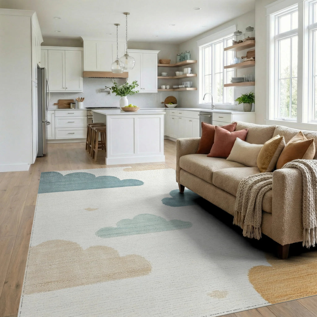 Whimsical Sky Clouds Blue Tan Rug - Living Room View