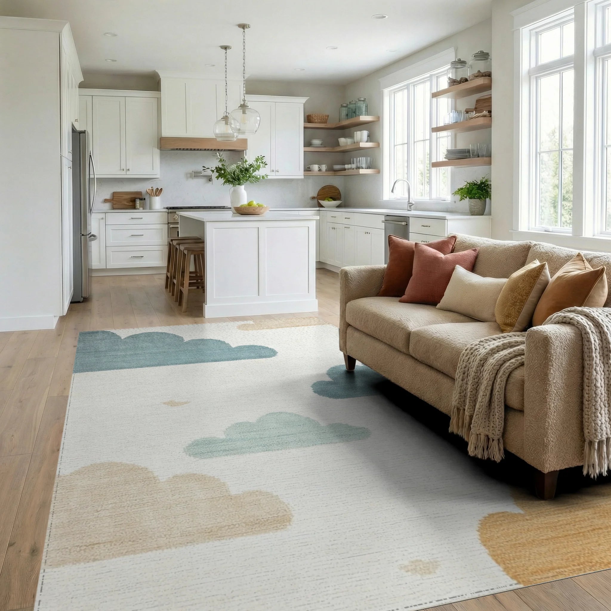 Whimsical Sky Clouds Blue Tan Rug - Living Room View