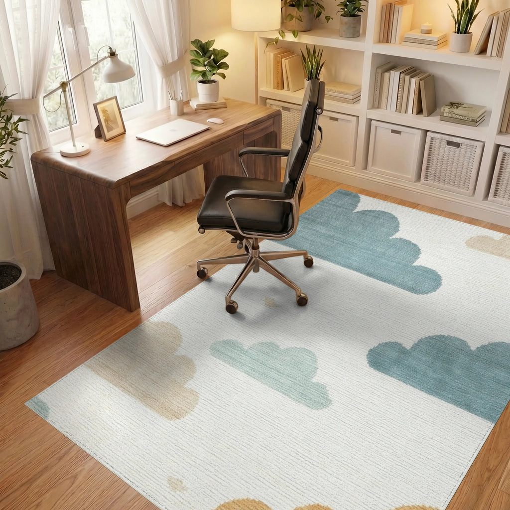 Whimsical Sky Clouds Blue Tan Rug - Office View