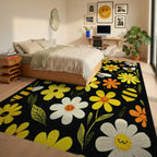 Whimsical Smiling Flowers Bees Rug - Bedroom View