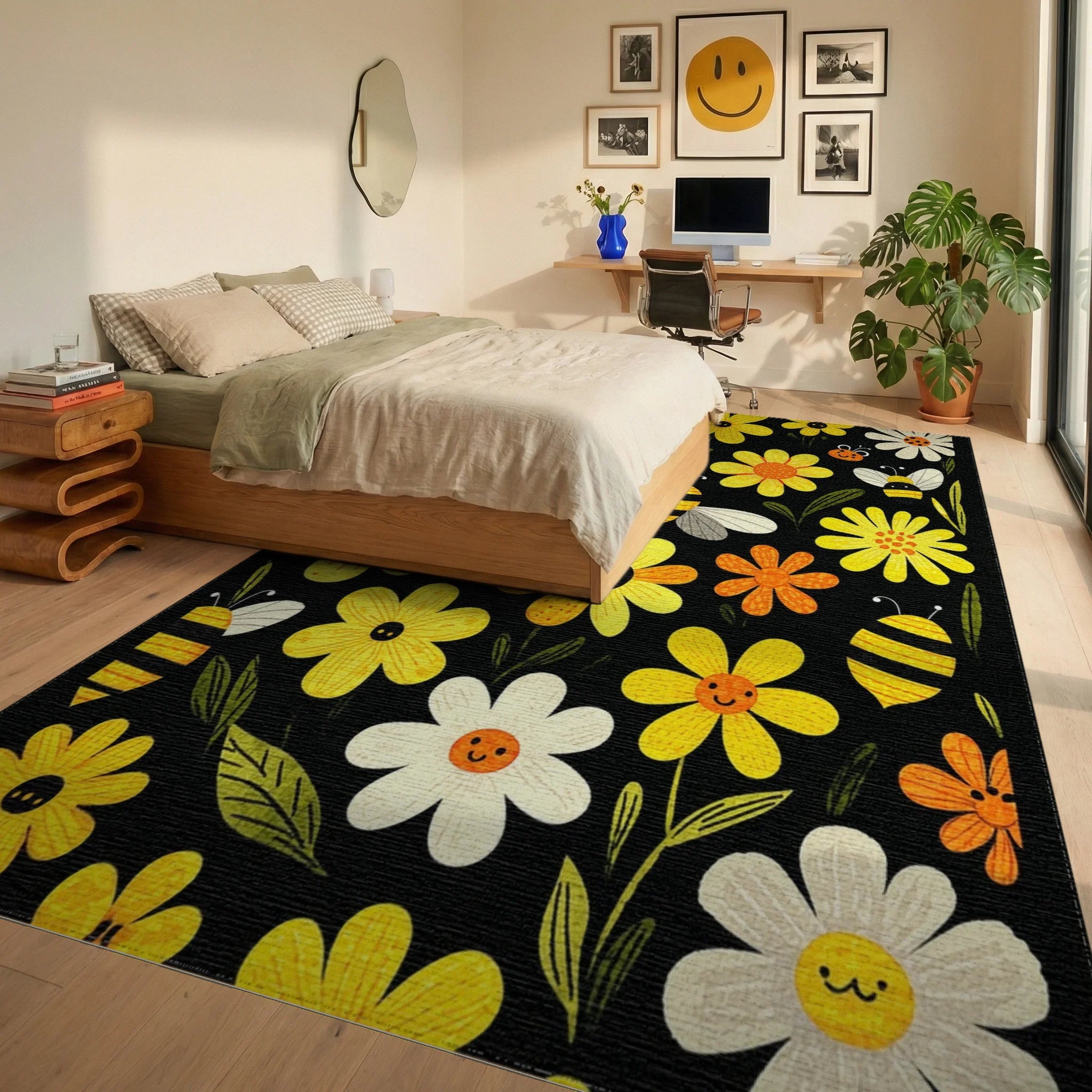 Whimsical Smiling Flowers Bees Rug - Bedroom View
