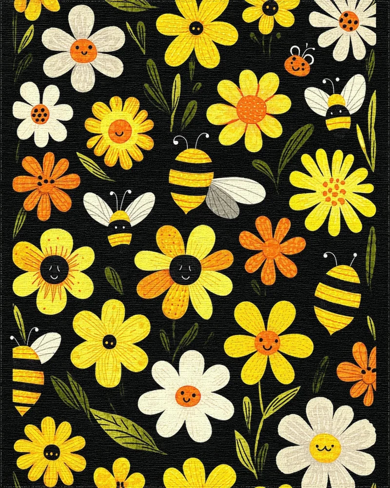 Whimsical Smiling Flowers Bees Rug - Cutout View