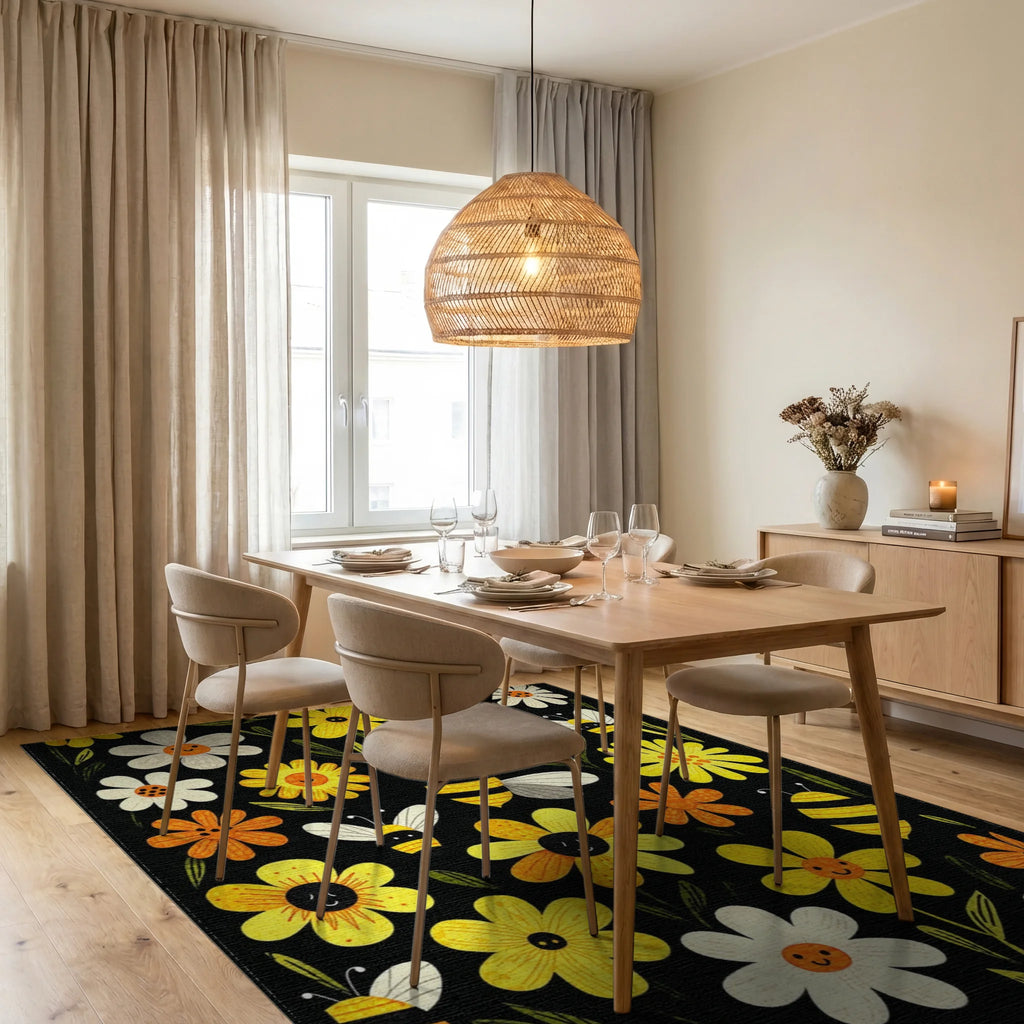 Whimsical Smiling Flowers Bees Rug - Dining Room View