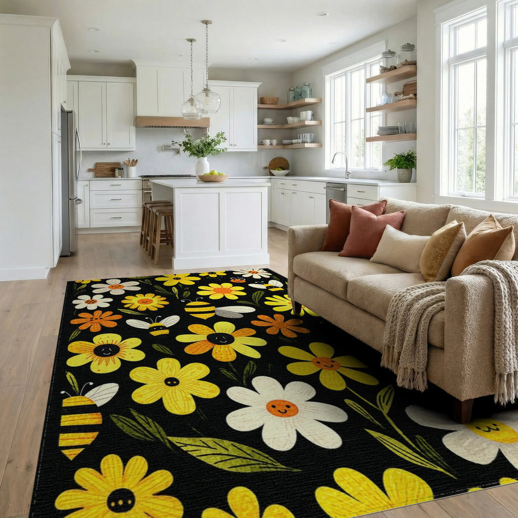 Whimsical Smiling Flowers Bees Rug - Living Room View