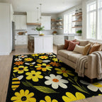 Whimsical Smiling Flowers Bees Rug - Living Room View