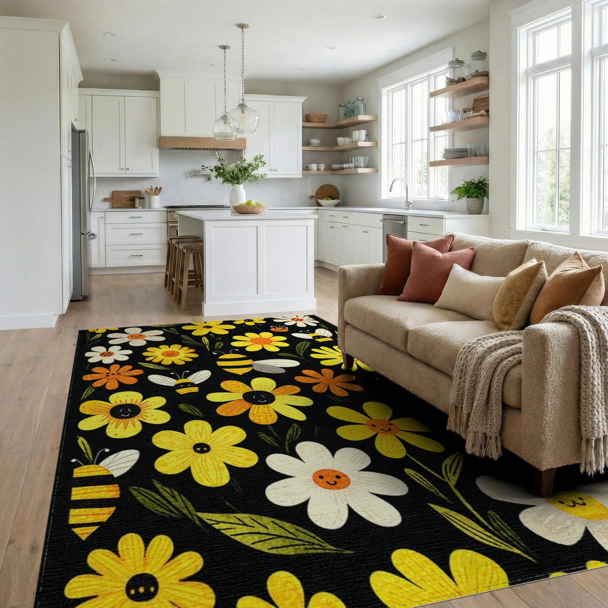 Whimsical Smiling Flowers Bees Rug - Living Room View
