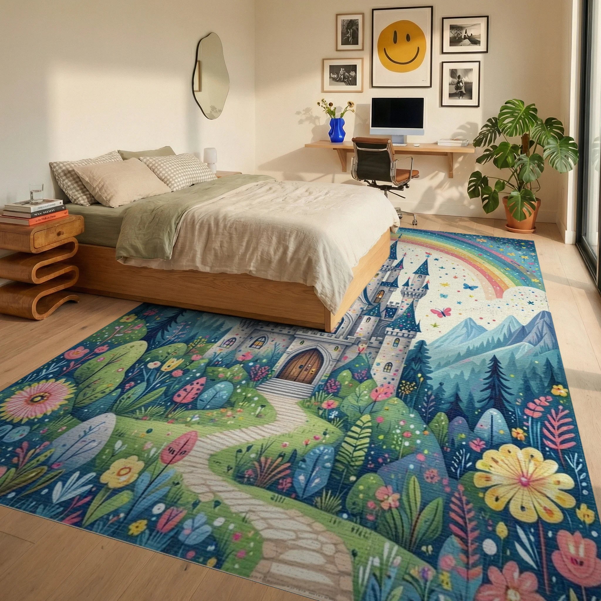 Whimsical Starry Rainbow Castle Rug - Bedroom View