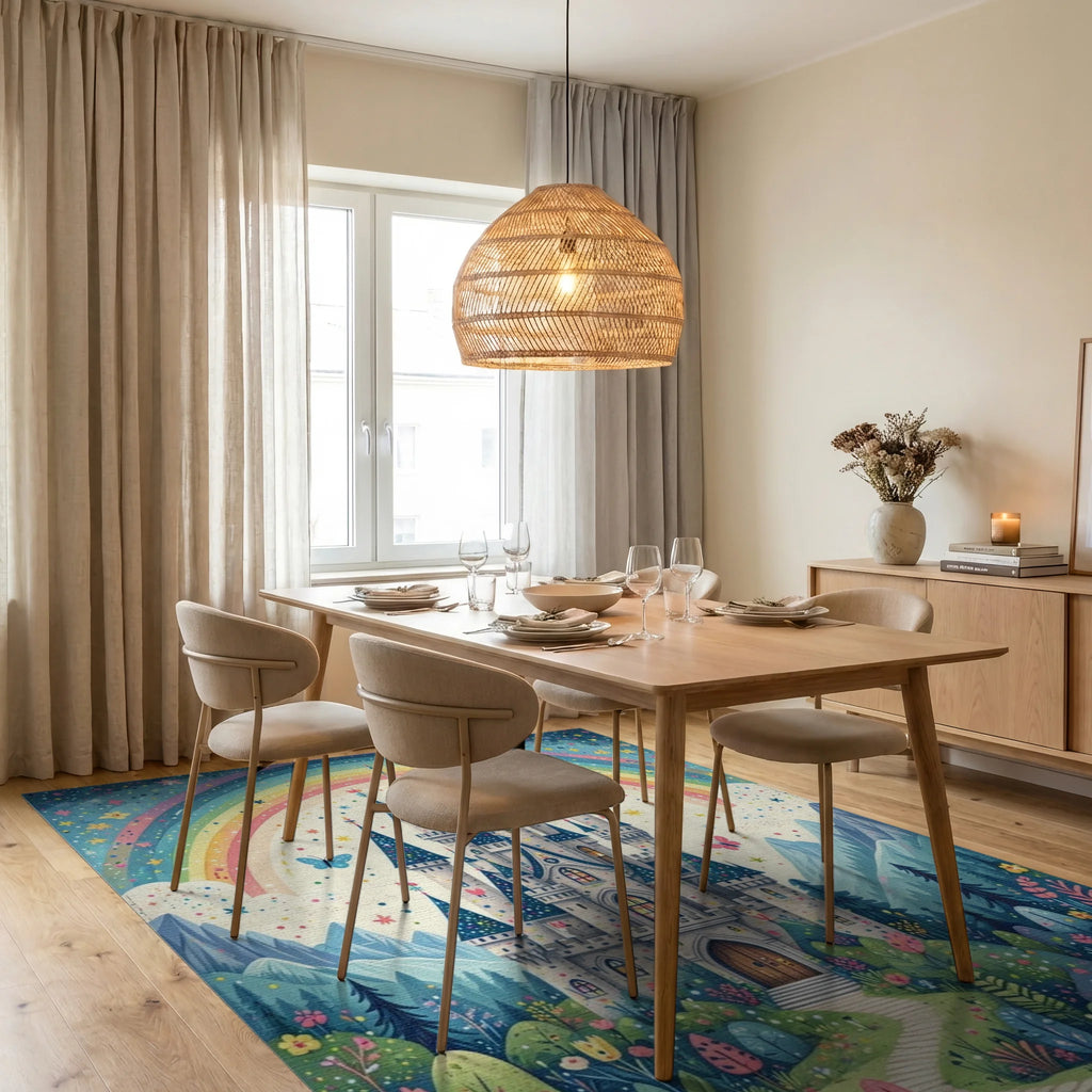 Whimsical Starry Rainbow Castle Rug - Dining Room View