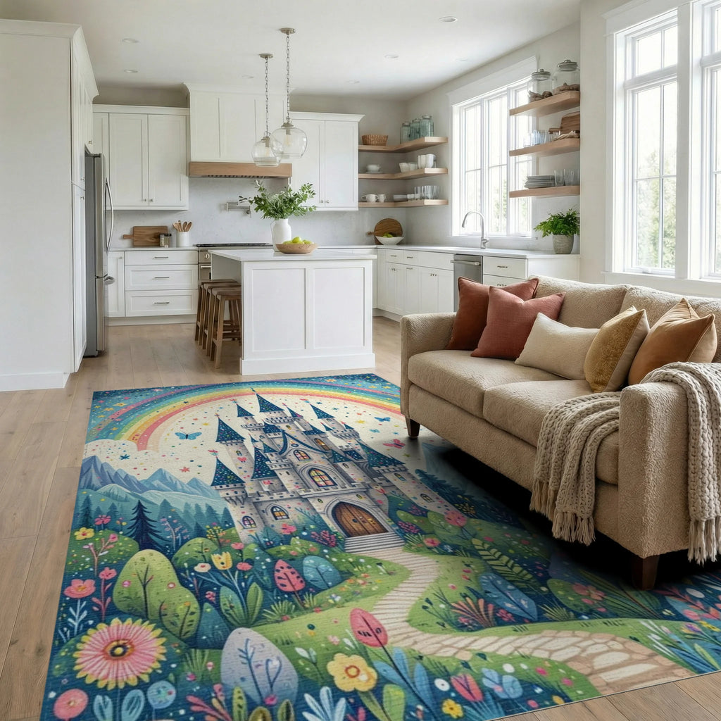 Whimsical Starry Rainbow Castle Rug - Living Room View