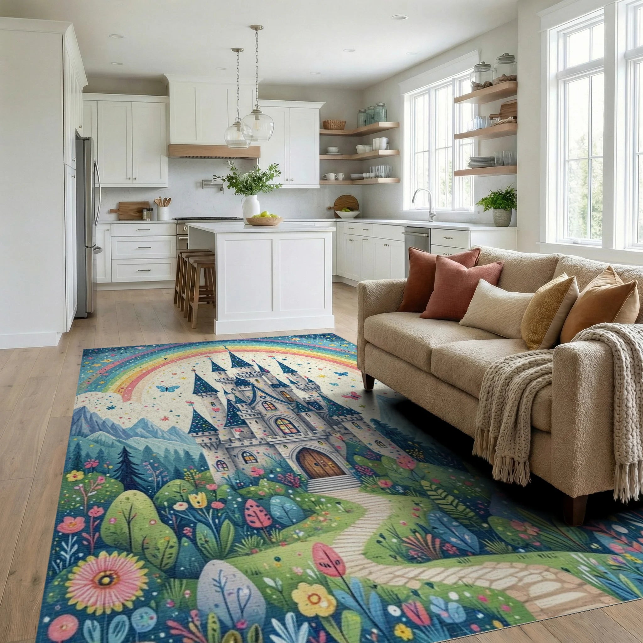 Whimsical Starry Rainbow Castle Rug - Living Room View