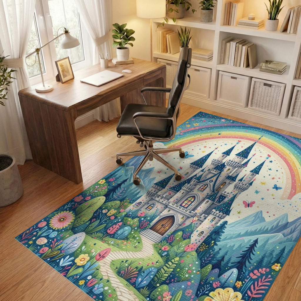 Whimsical Starry Rainbow Castle Rug - Office View