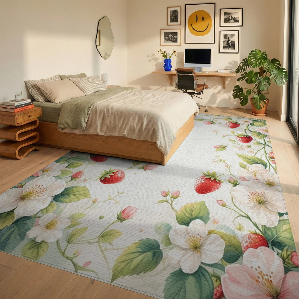 Whimsical Strawberry Blossom Watercolor Floral Rug Bedroom View