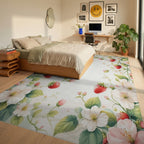 Whimsical Strawberry Blossom Watercolor Floral Rug Bedroom View