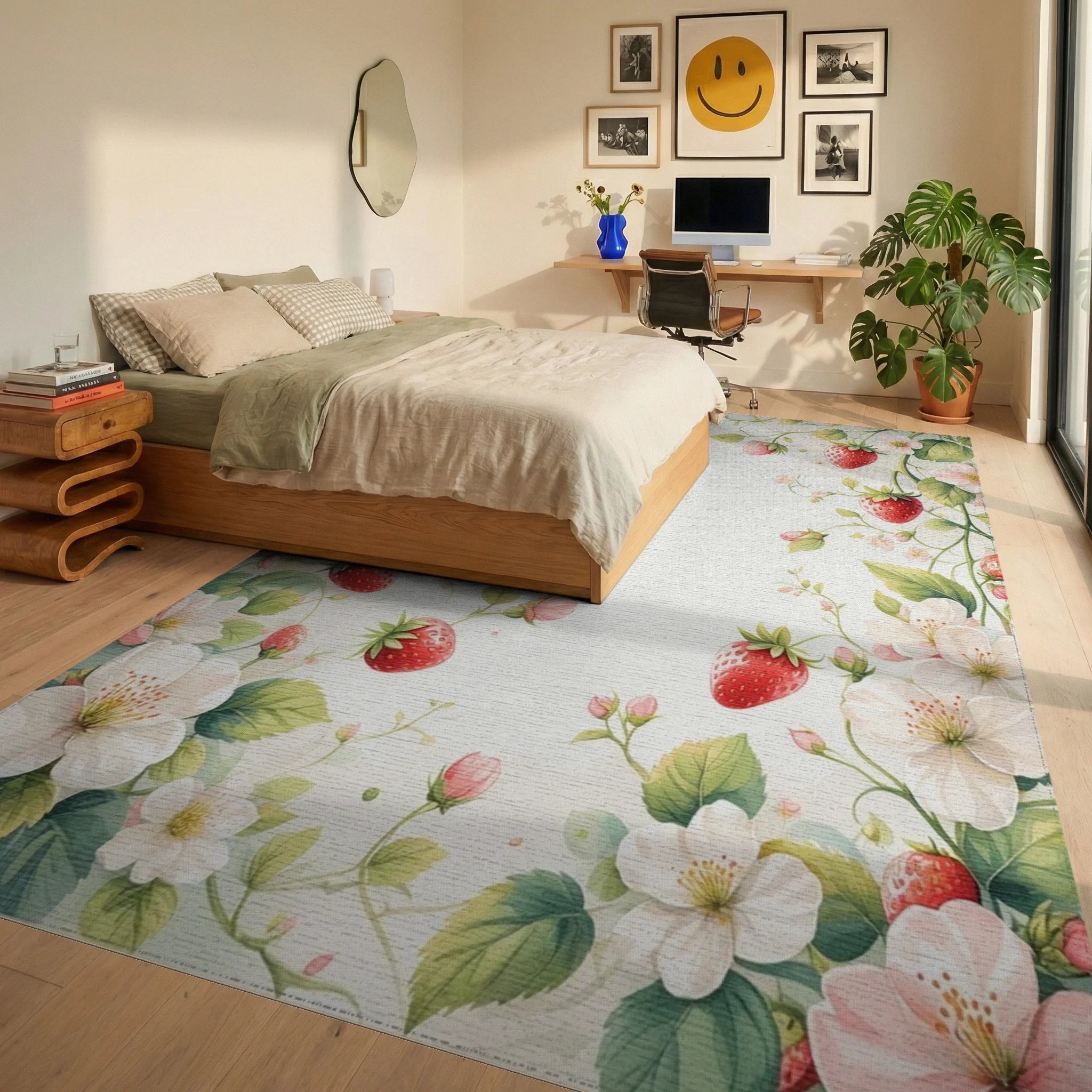 Whimsical Strawberry Blossom Watercolor Floral Rug Bedroom View
