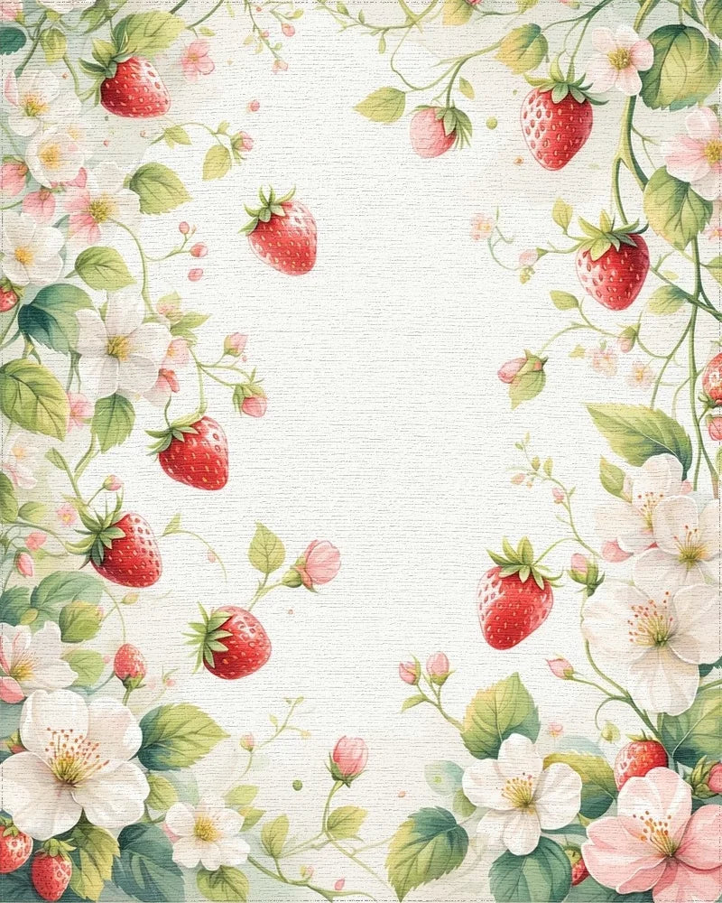 Whimsical Strawberry Blossom Watercolor Floral Rug - Cutout View