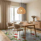 Whimsical Strawberry Blossom Watercolor Floral Rug Dining Room View