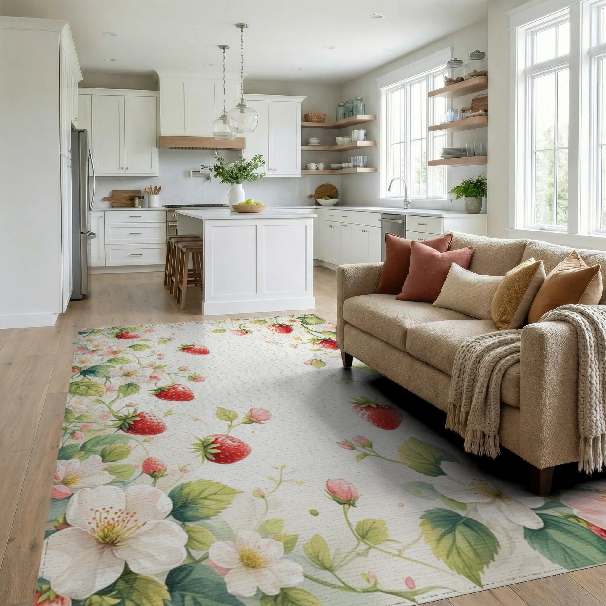 Whimsical Strawberry Blossom Watercolor Floral Rug Living Room View