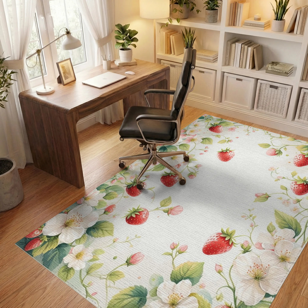 Whimsical Strawberry Blossom Watercolor Floral Rug Office View