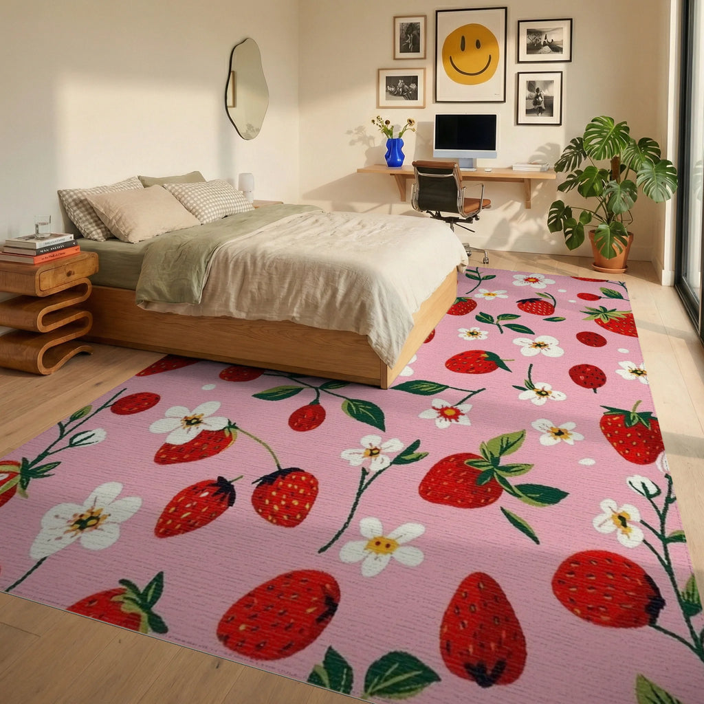 Whimsical Strawberry Floral Pink Rug Bedroom View
