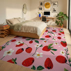 Whimsical Strawberry Floral Pink Rug Bedroom View