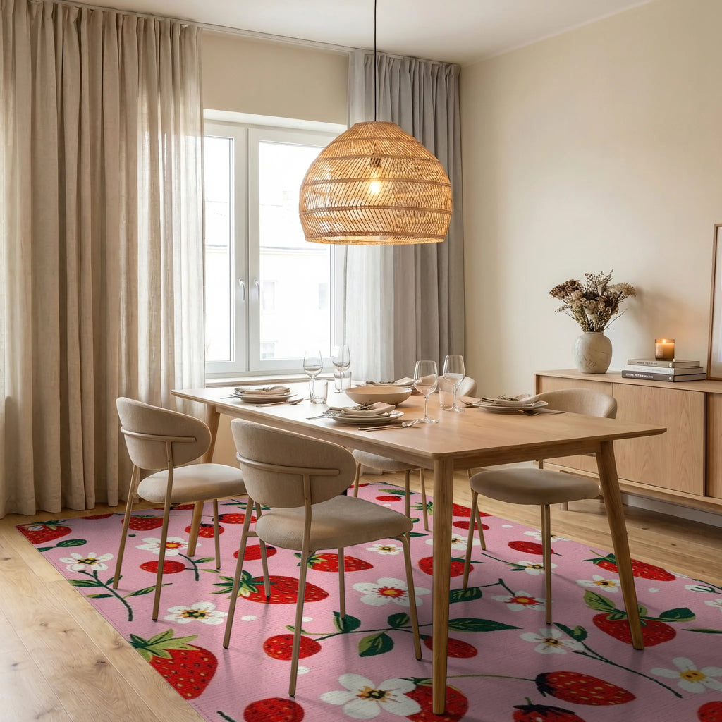 Whimsical Strawberry Floral Pink Rug Dining Room View
