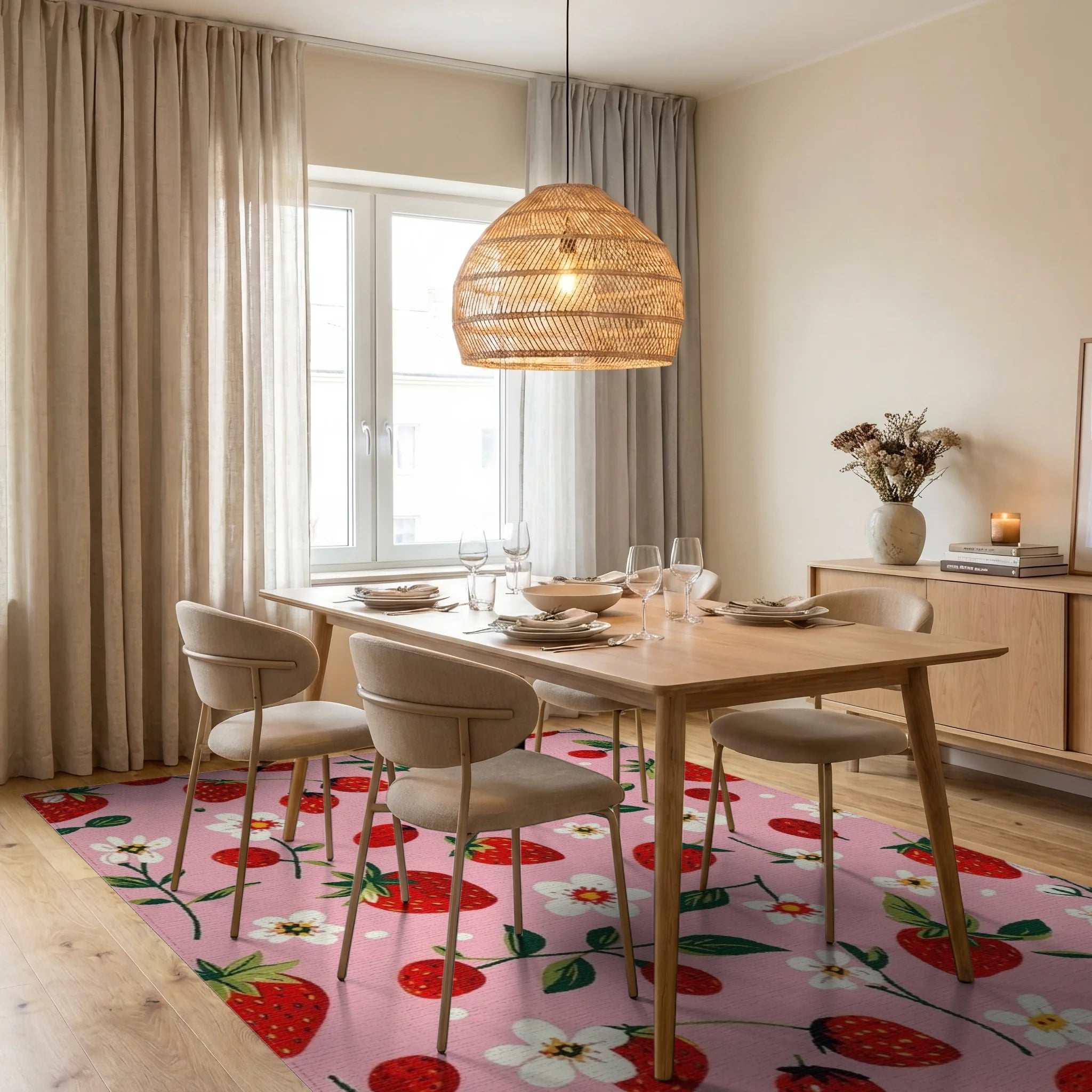 Whimsical Strawberry Floral Pink Rug Dining Room View
