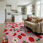 Whimsical Strawberry Floral Pink Rug Living Room View