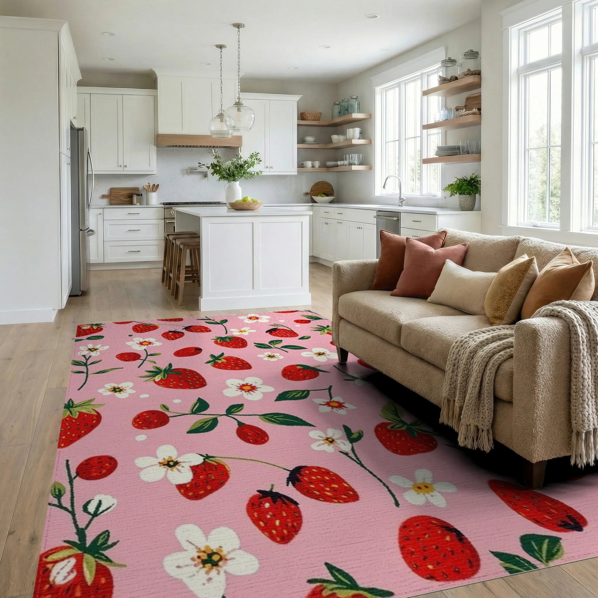 Whimsical Strawberry Floral Pink Rug Living Room View