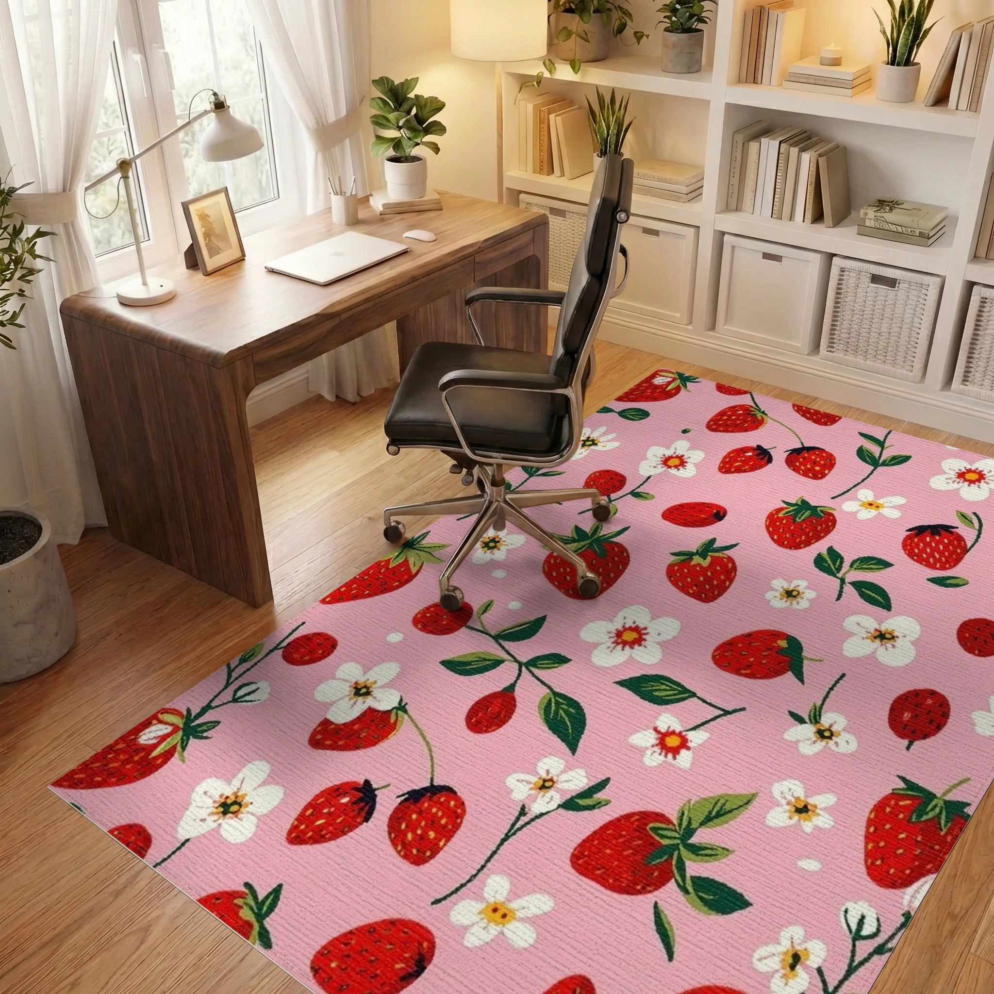 Whimsical Strawberry Floral Pink Rug Office View