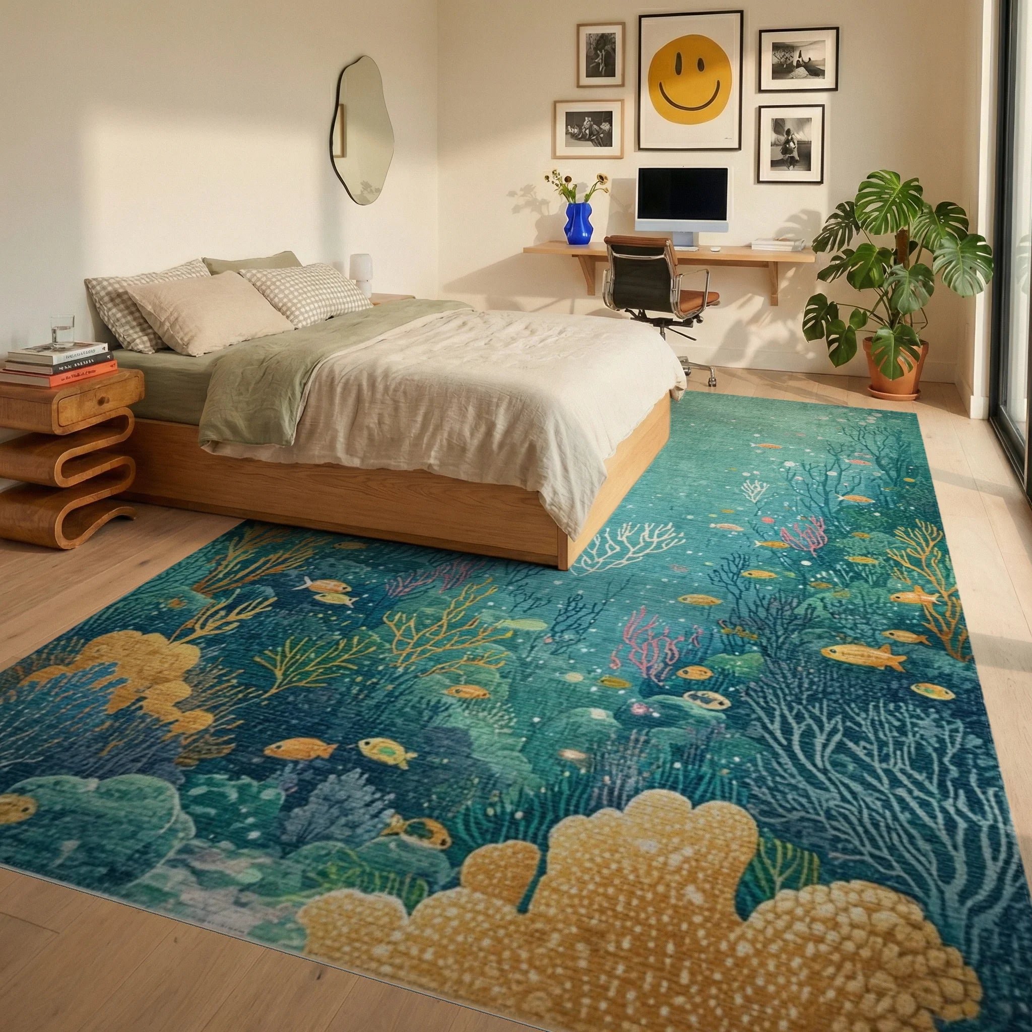 Whimsical Teal Coral Fish Reef Rug - Bedroom View