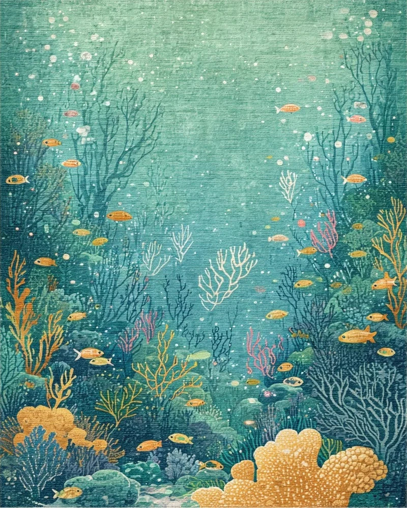 Whimsical Teal Coral Fish Reef Rug - Cutout View
