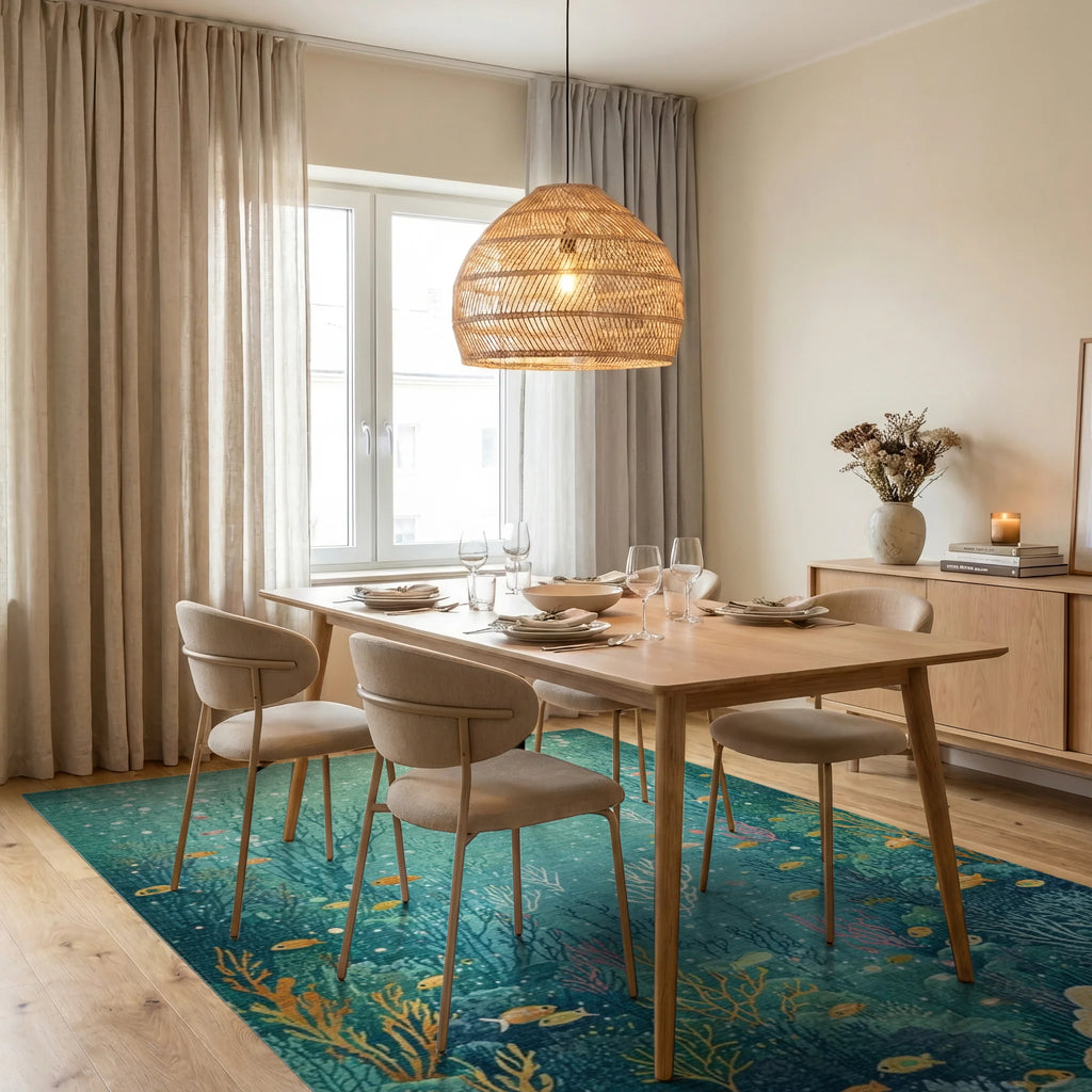 Whimsical Teal Coral Fish Reef Rug - Dining Room View