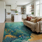 Whimsical Teal Coral Fish Reef Rug - Living Room View