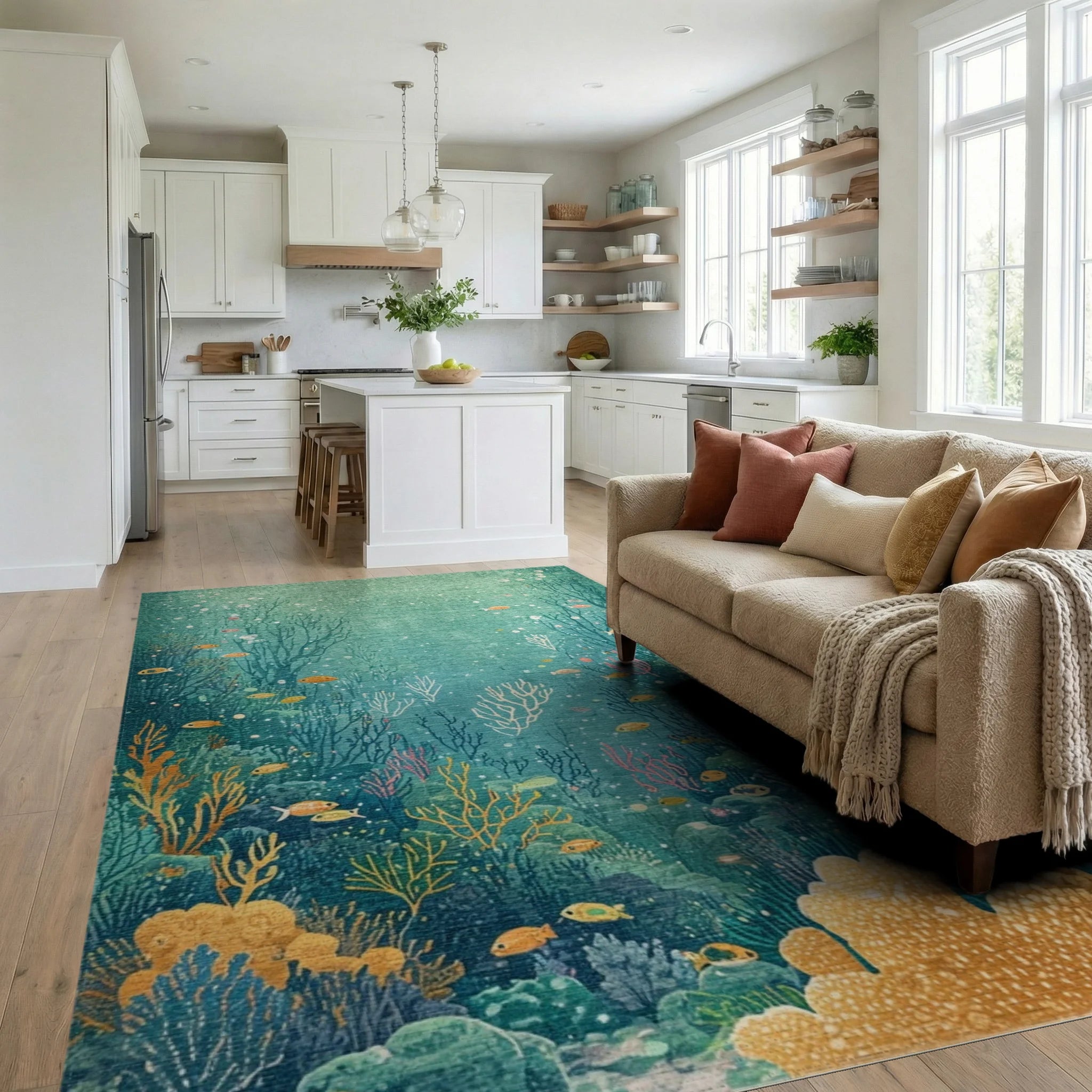 Whimsical Teal Coral Fish Reef Rug - Living Room View