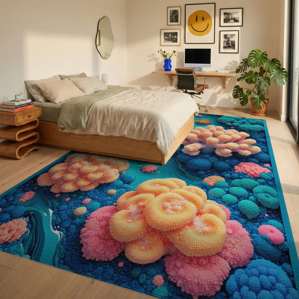 Whimsical Teal Coral Fish Rug - Bedroom View
