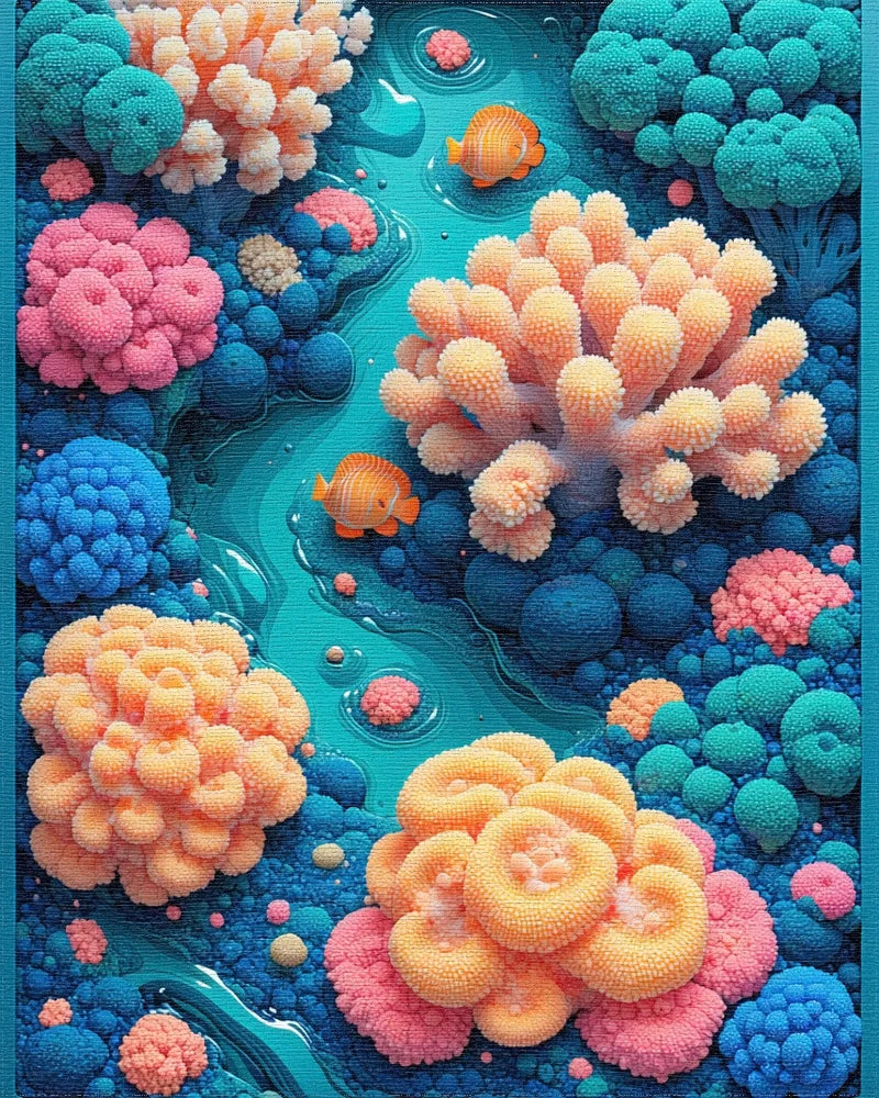 Whimsical Teal Coral Fish Rug - Cutout View