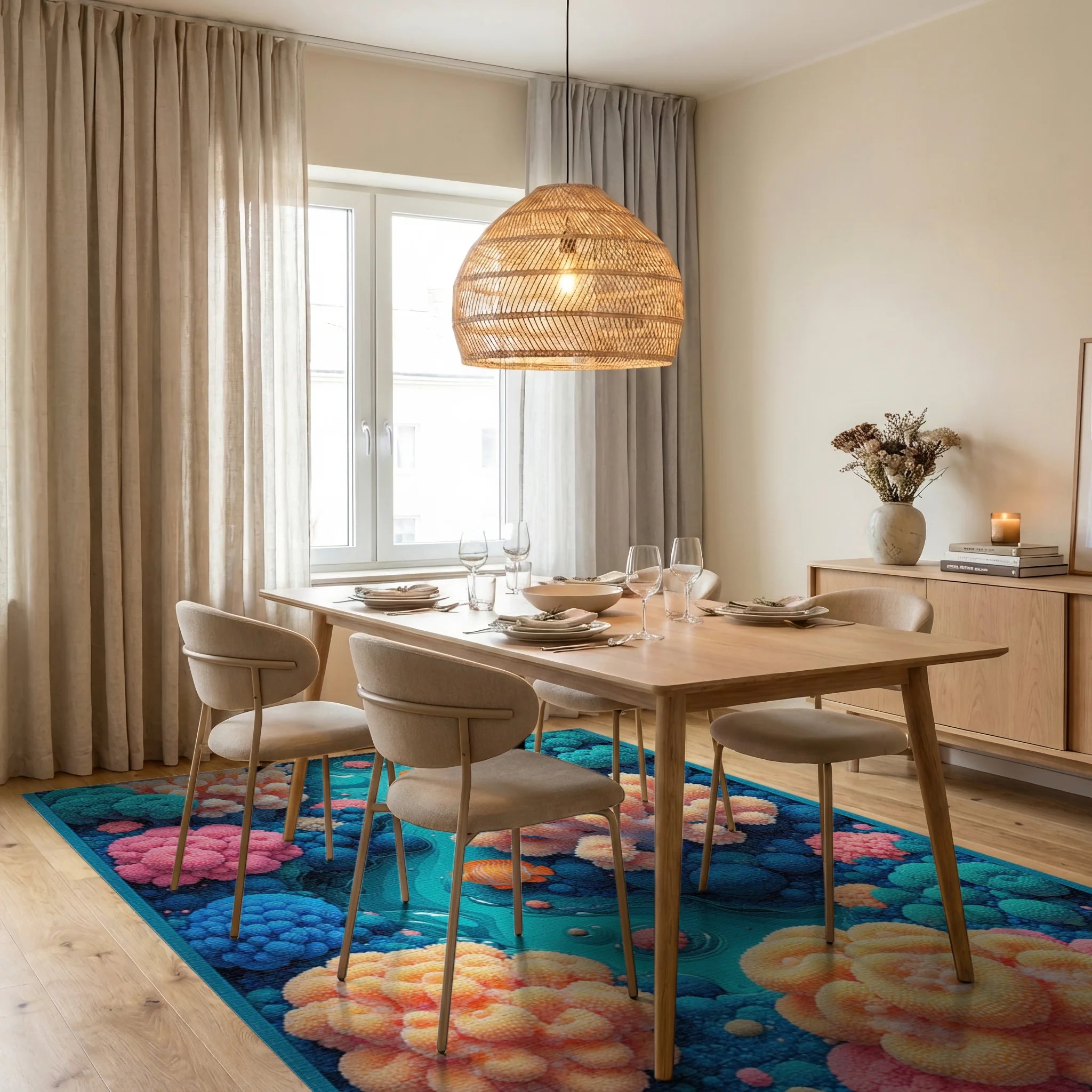 Whimsical Teal Coral Fish Rug - Dining Room View