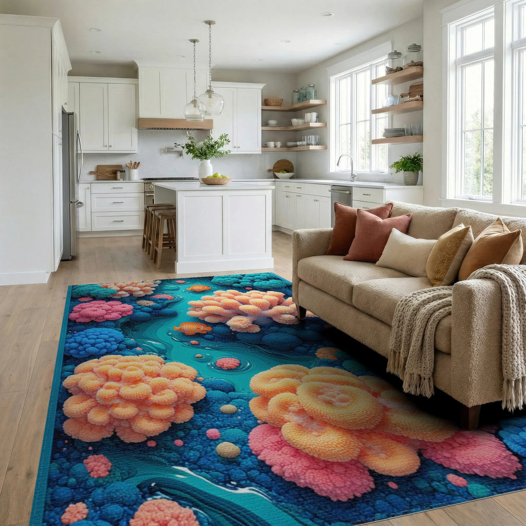 Whimsical Teal Coral Fish Rug - Living Room View