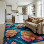 Whimsical Teal Coral Fish Rug - Living Room View