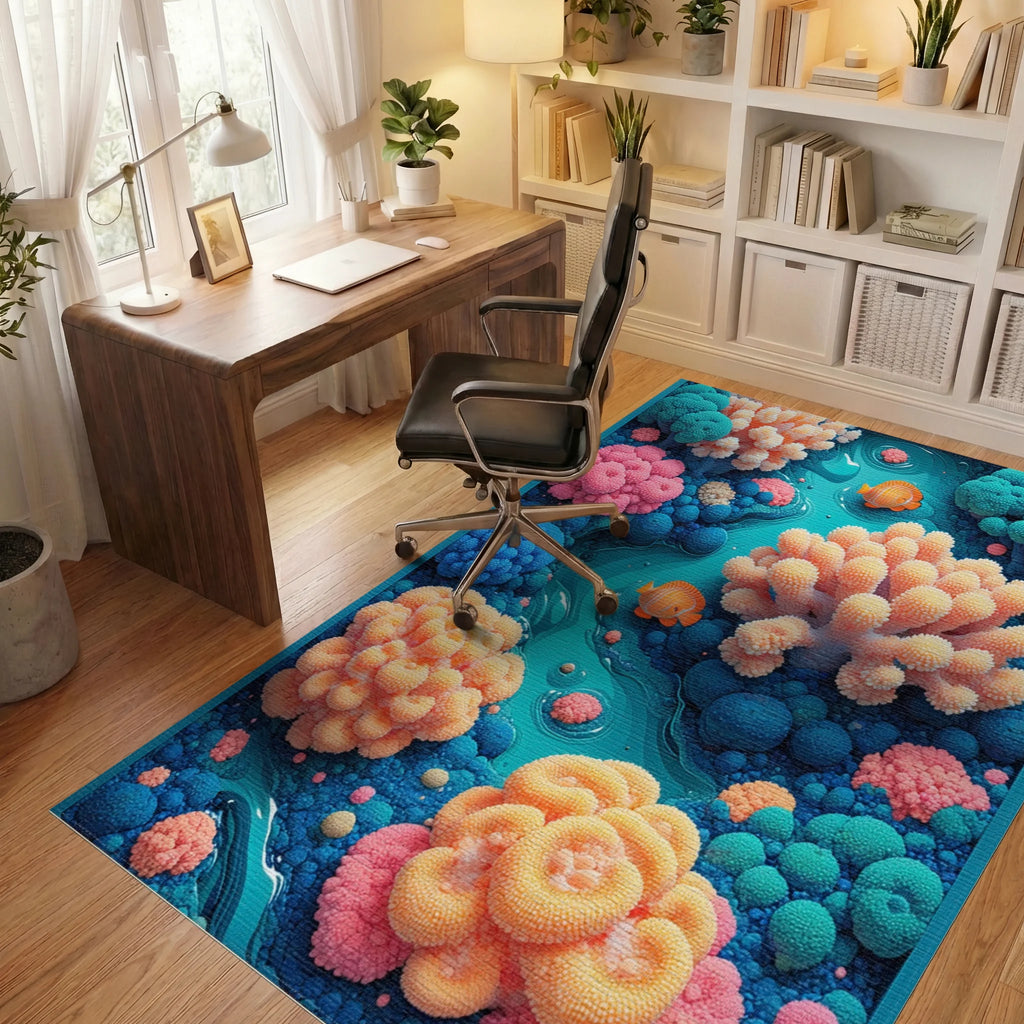 Whimsical Teal Coral Fish Rug - Office View