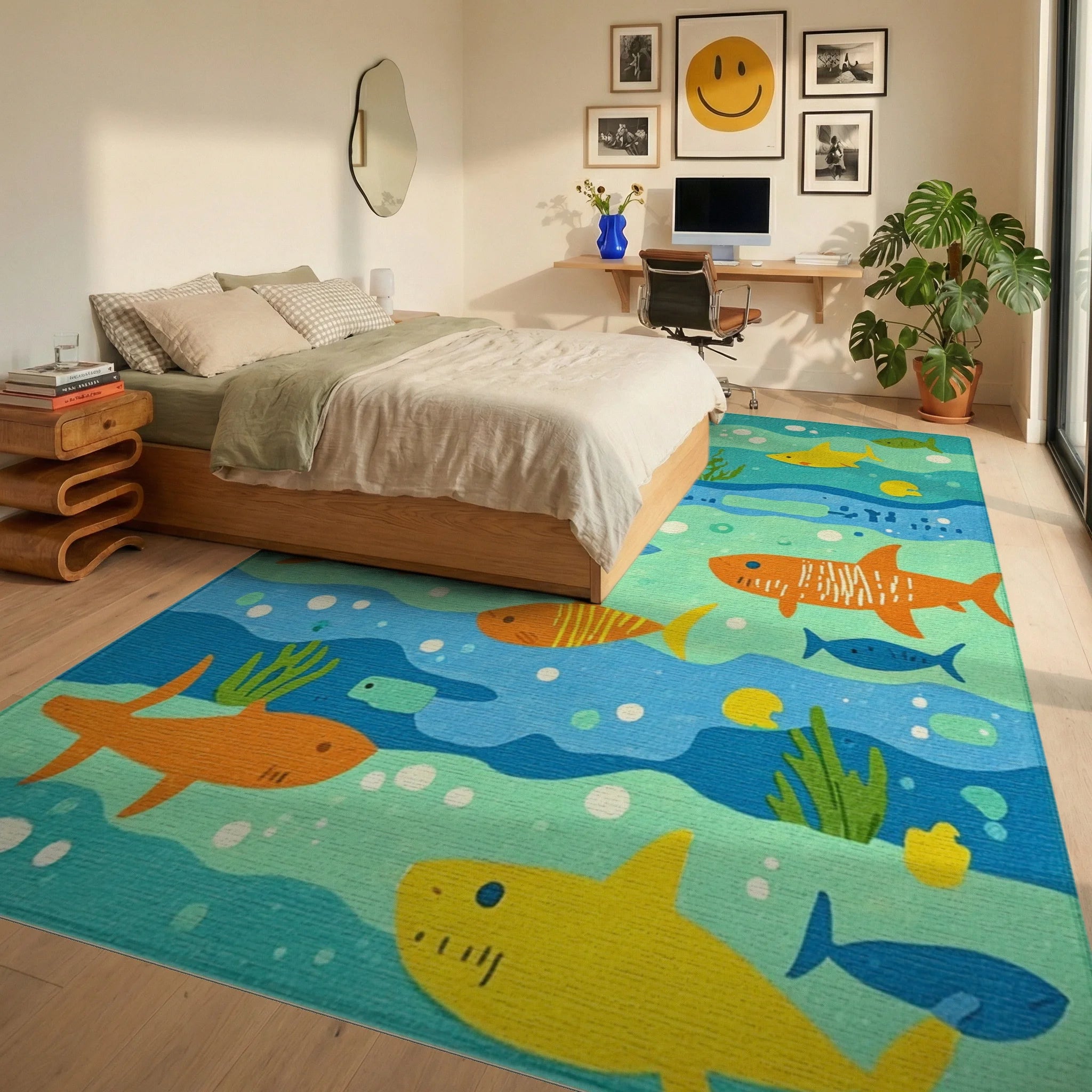 Whimsical Teal Ocean Shark Friends Rug - Bedroom View