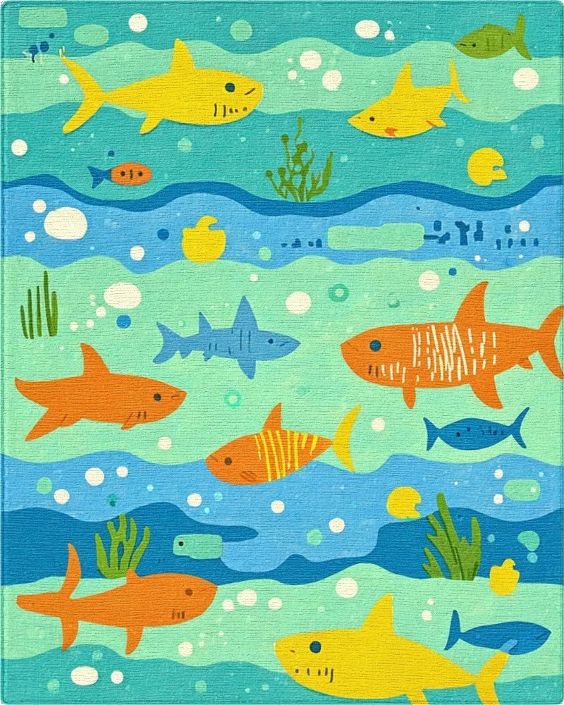 Whimsical Teal Ocean Shark Friends Rug - Cutout View