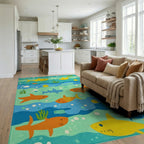 Whimsical Teal Ocean Shark Friends Rug - Living Room View