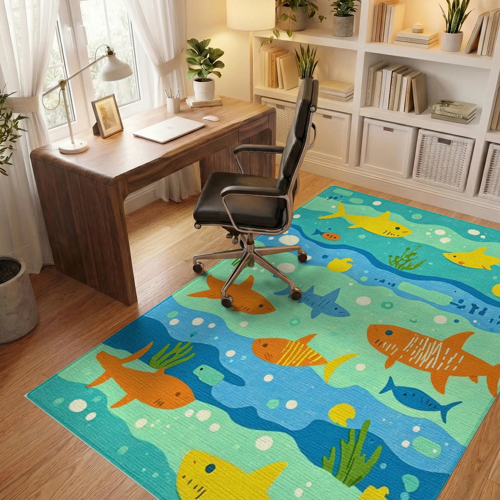 Whimsical Teal Ocean Shark Friends Rug - Office View
