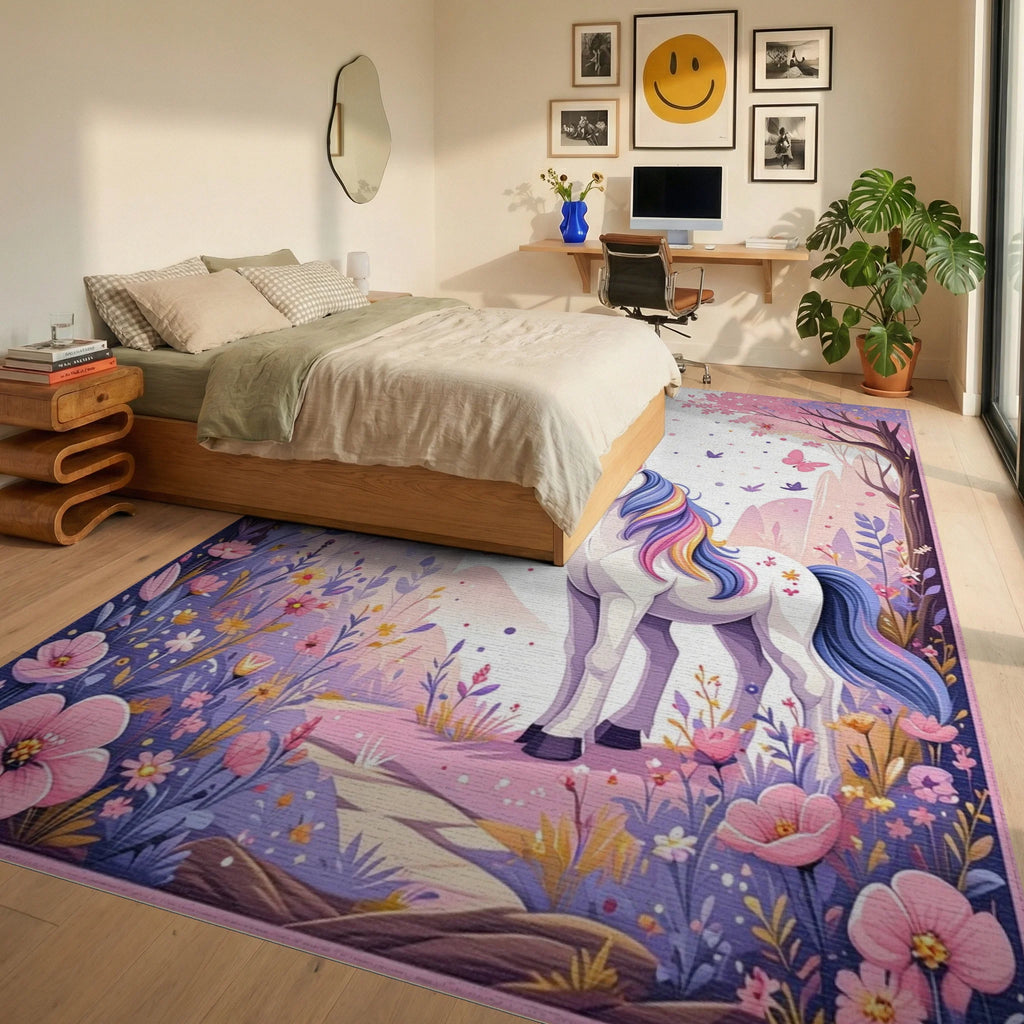 Whimsical Unicorn Floral Garden Rug Bedroom View