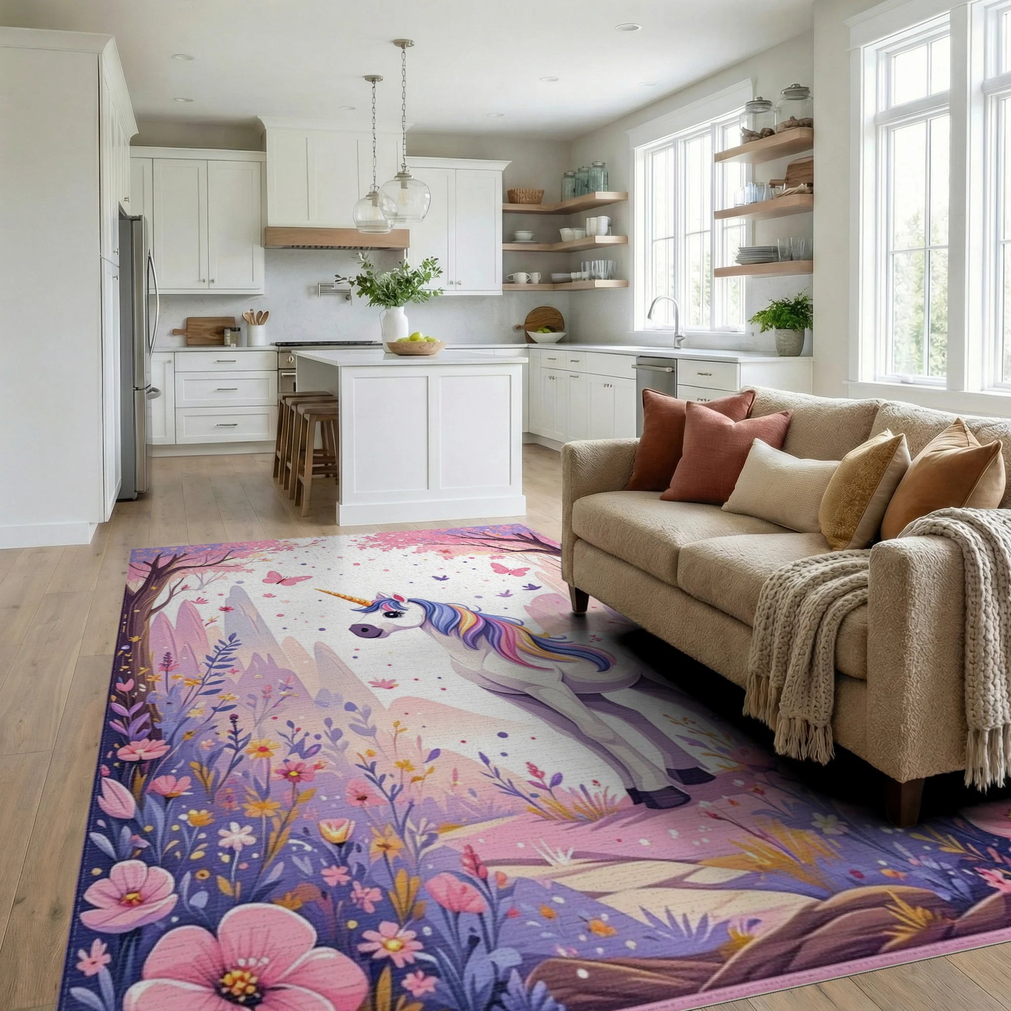 Whimsical Unicorn Floral Garden Rug Living Room View