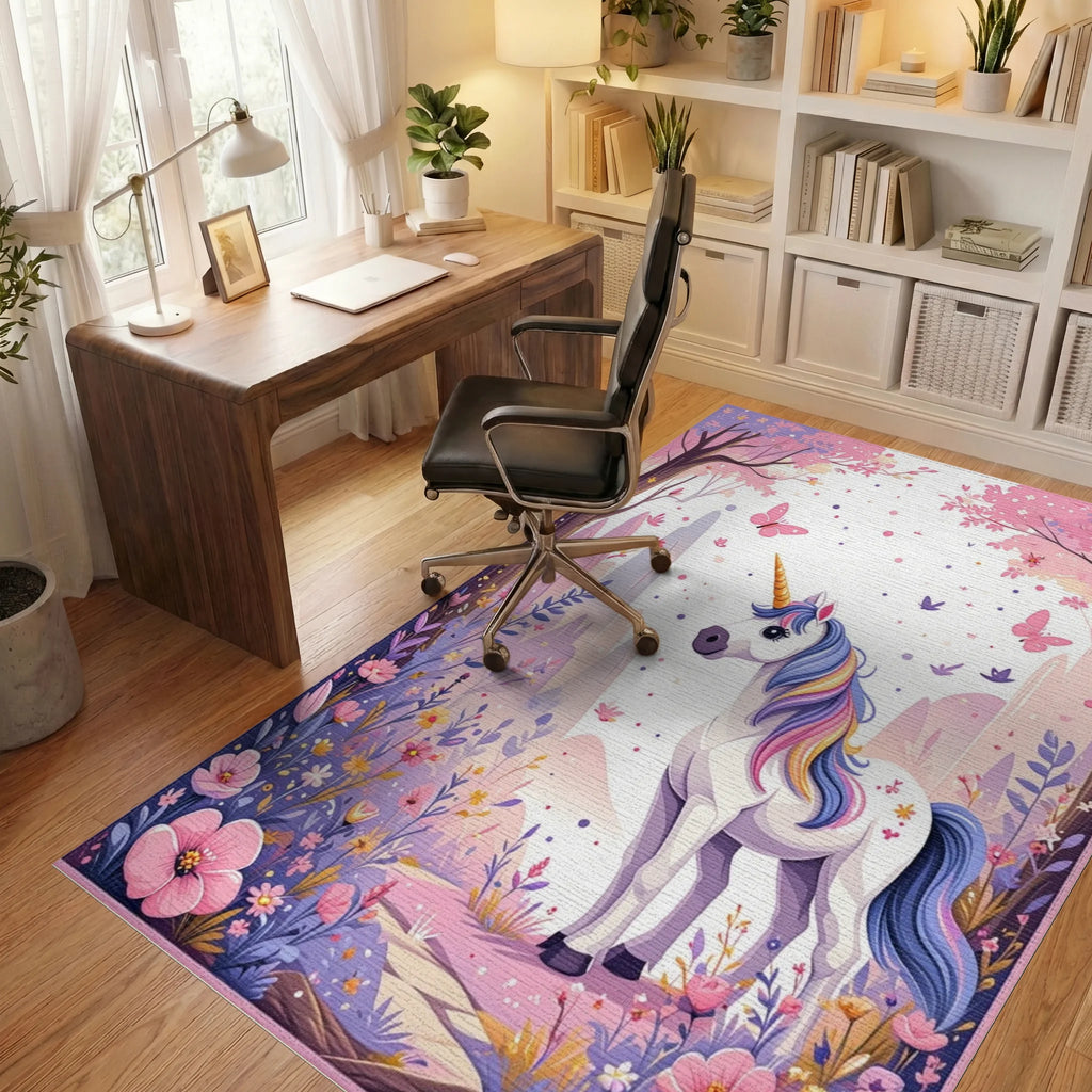 Whimsical Unicorn Floral Garden Rug Office View